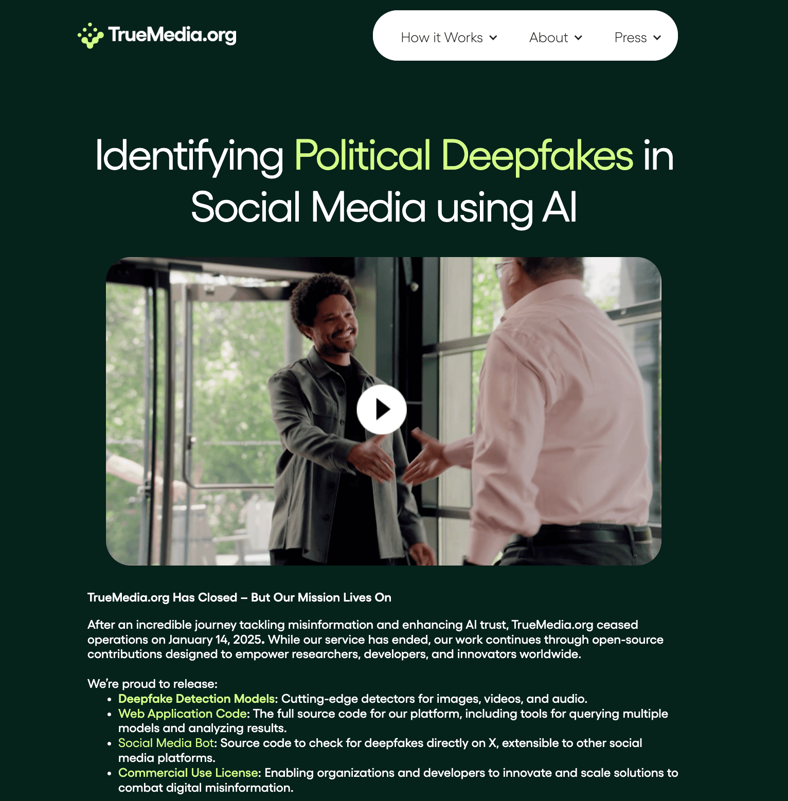 From Deepfake Detection to AI Avatar Generation: Open-source Deepfake Detection Models from TrueMedia.org